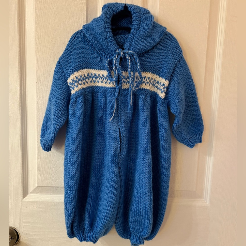 Hand-Knit Blue Baby Romper with Hood and White Band